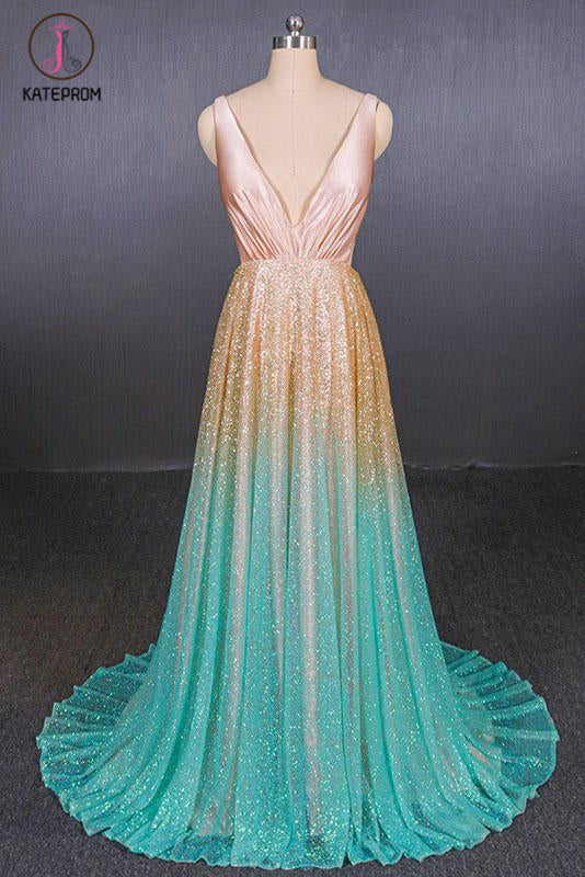 Ombre Deep V Neck Sleeveless A Line Prom Dress, Ombre Backless Shiny Evening Dress KPP1088