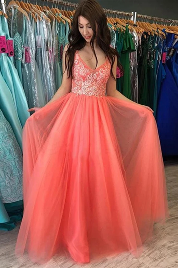A Line V Neck Backless Coral Lace Long Prom Dresses, Formal Dresses KPP1355