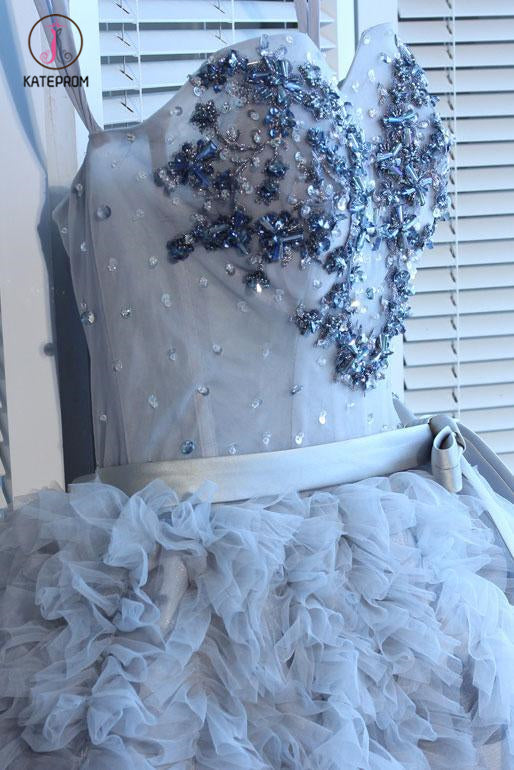 Lavender Sweetheart Beading Tulle Short Homecoming Dress with Ruffles, Unique Tulle Dress KPH0330