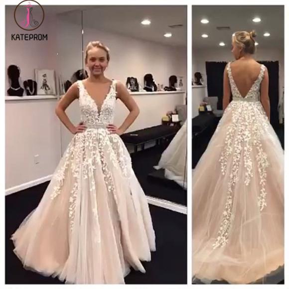 A Line Applique Tulle Prom Dress, Long V Neck Sleeveless Party Dress with Beading KPP0742