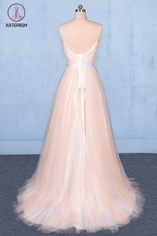 Peach V Neck Sleeveless Tulle A Line Prom Dresses, Straps Tulle Evening Dress KPP1083
