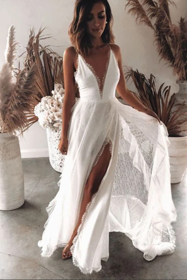 Boho Chiffon A line V neck Lace Spaghetti Straps Beach Wedding Dresses KPW0668