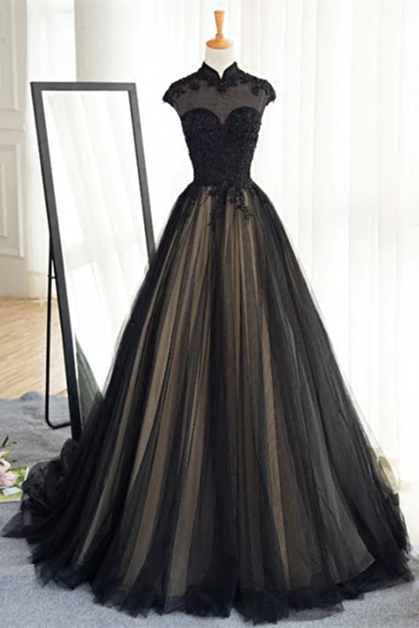 Chic A line High Neck Black Tulle Floor Length Modest Prom Dress Evening Dress KPP1546