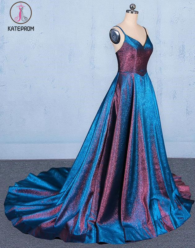 A Line V Neck Sleeveless Prom Dress, Spaghetti Straps Long Evening Dresses KPP1082