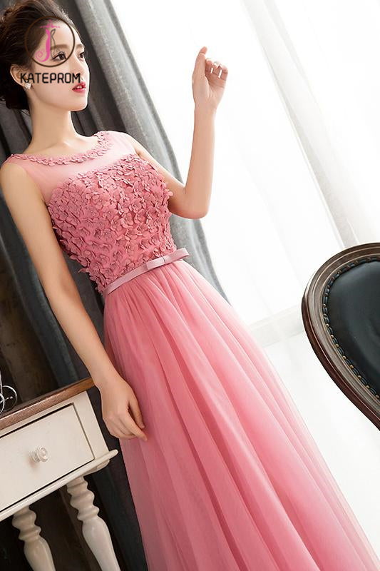Pink Sleeveless Prom Dress with Flowers, A Line Floor Length Tulle Evening Dress KPP0941