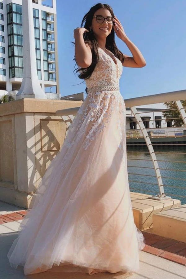 A Line V Neck Pink Lace Long Prom Dress with Belt, Pink Lace Formal Dress, Pink Evening Dress KPP1404
