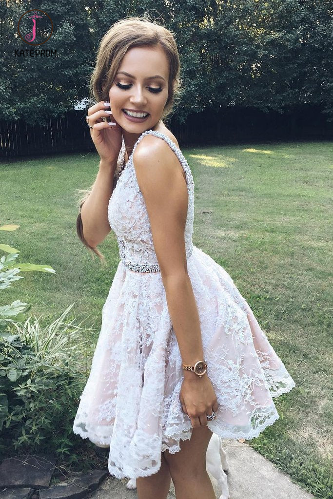 Mini Deep V-Neck Backless Lace Homecoming Dresses Party Dresses with Beading KPH0303