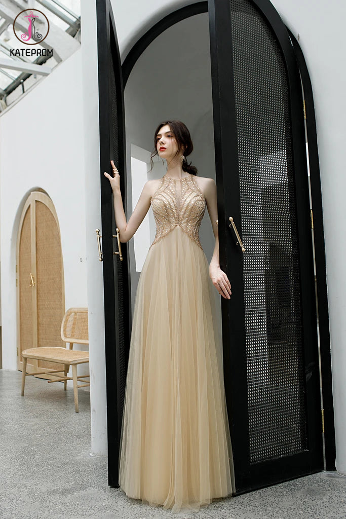 Elegant Sleeveless Tulle Prom Dress with Sequins, Floor Length Open Back Evening Dress KPP1294