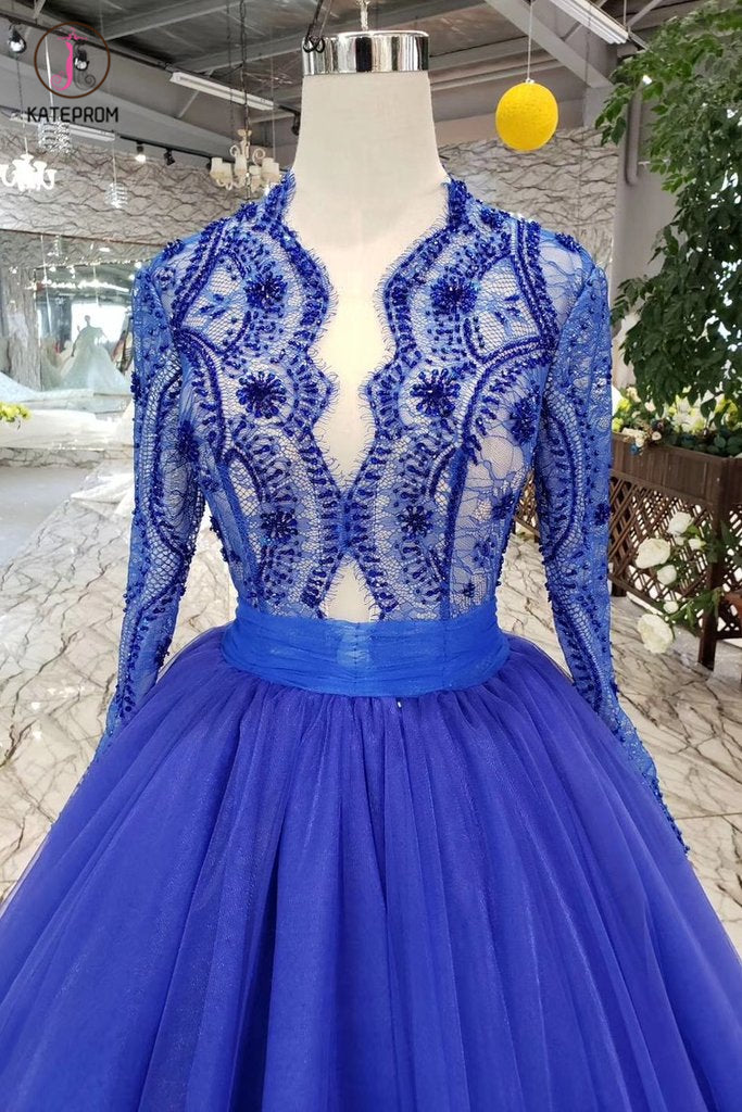 Royal Blue Long Sleeve Tulle Prom Dress with Lace, Long Party Dress with Beads KPP0860