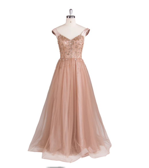 Floor Length Off Shoulder Tulle Evening Dress with Appliques, Elegant Prom Gown KPP1053