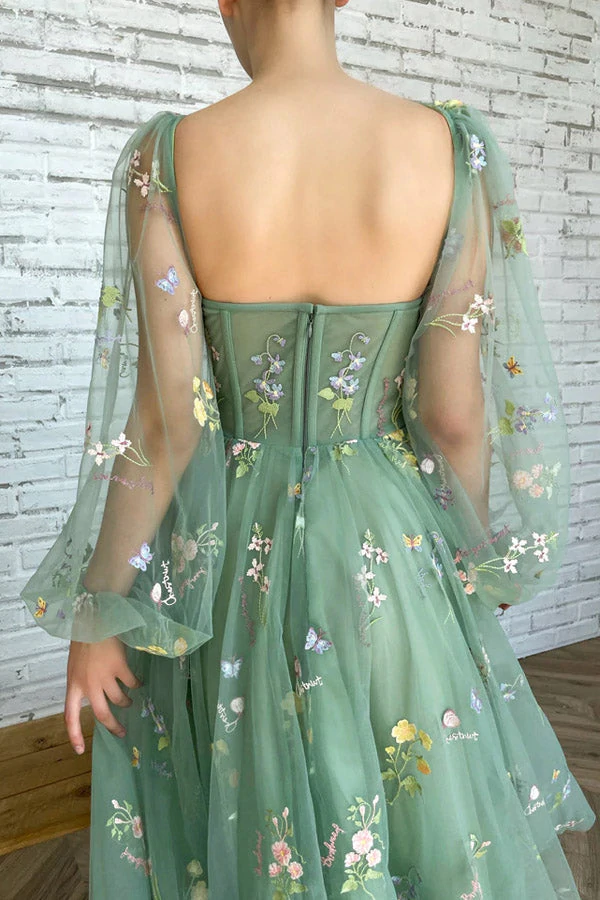 Light Green Embroidered Tulle Dress Evening Dress Puffy Long Sleeve Prom Dress KPP1601