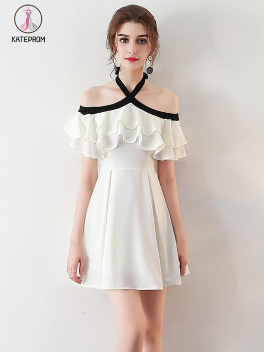 Chic Light Ivory Halter Ruffles Chiffon Short Homecoming Dresses,Short Prom Dresses KPH0277