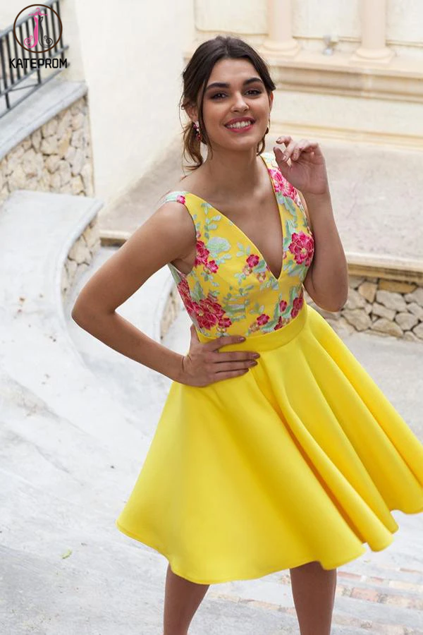 Yellow Floral Satin Illusion Back Daffodil V Neck Homecoming Dresses Short Cocktail Dresses KPH0543
