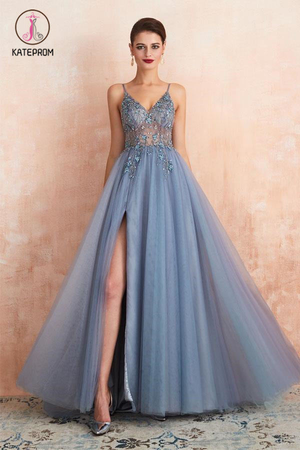 Straps A-Line Beading Rose Split Tulle Prom Dress With Crystal KPP0968