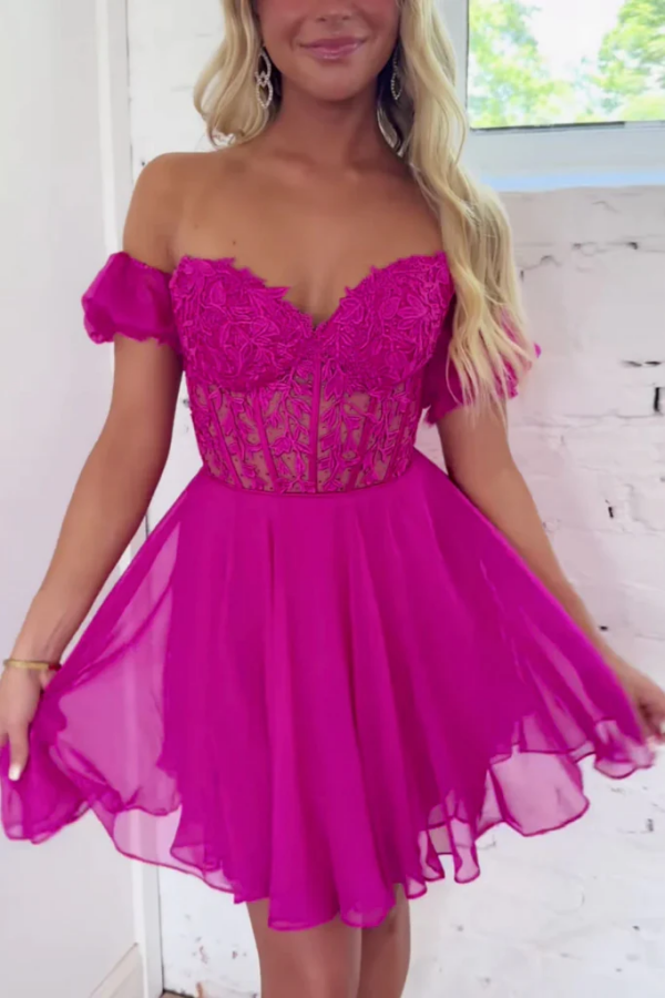 Princess Off the Shoulder Fuchsia Lace Prom Dress, Off Shoulder Fuchsia Homecoming Dress KPH0694