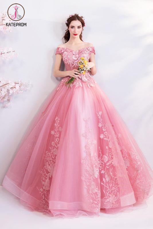 Pink Off the Shoulder Puffy Tulle Prom Dresses, Floor Length Appliqued Quinceanera Dress KPP1056
