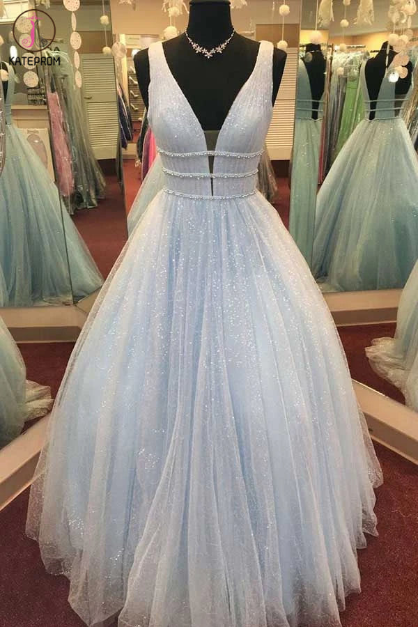 A-Line Deep V-Neck Blue Sweep Train Pink Tulle Backless Prom Dress With Beading KPP1256