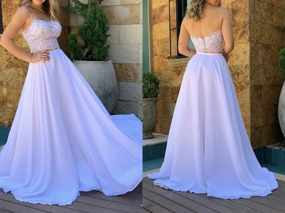 Simple Flowy Long Two Pieces Lace Chiffon Beach Wedding Dresses KPW0685