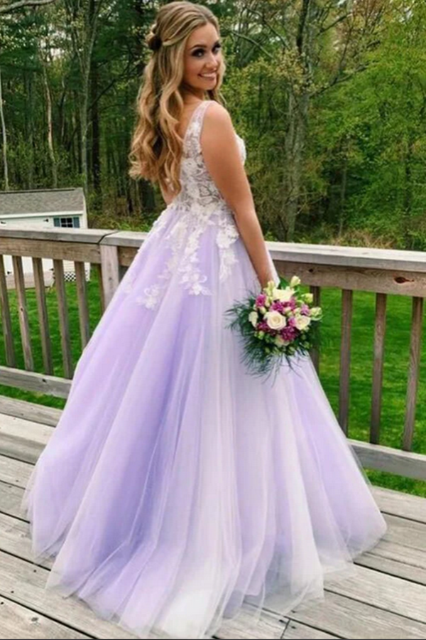 Lilac A line V neck Evening Dress, Long Prom Dresses With Appliques KPP1400