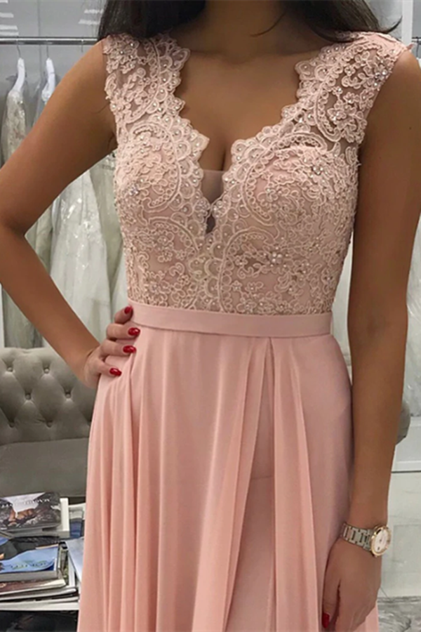 Delicate Chiffon V Neck Neckline A Line Prom Dresses With Beaded Appliques KPP1529