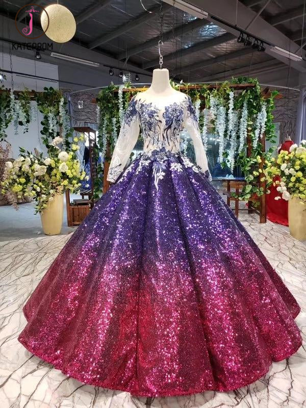 Ball Gown Long Sleeves Sequins Ombre Prom Dress, Puffy Quinceanera Dress KPP1063