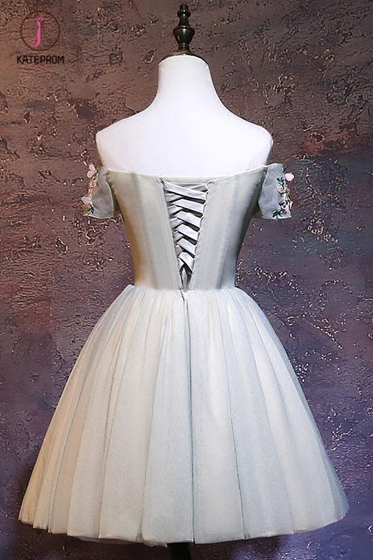 Cute Off the Shoulder Tulle Homecoming Dress, Light Green Short Prom Dress with Flowers KPH0333