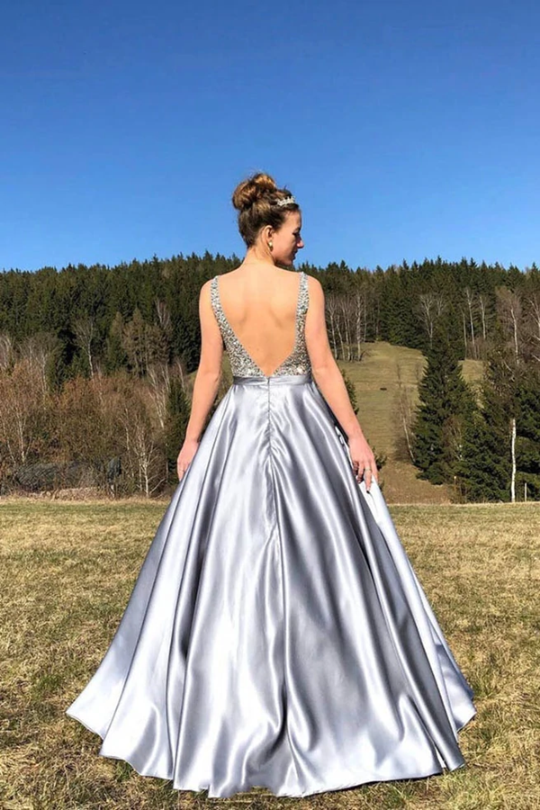 A Line Satin V Neck Beading Long Prom Dress V Back Evening Dresses KPP1496