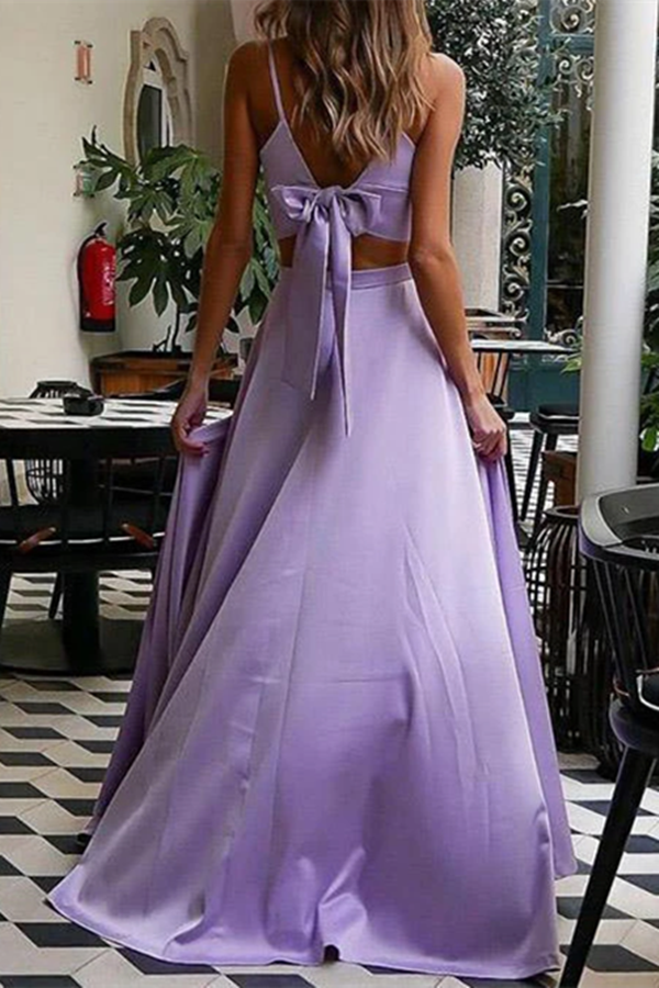 Fashion Satin Straps A Line Prom Dresses Two Pieces Gowns With Slit KPP1469