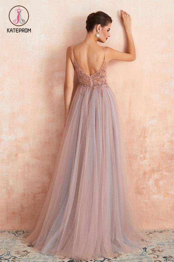 Straps A-Line Beading Rose Split Tulle Prom Dress With Crystal KPP0968