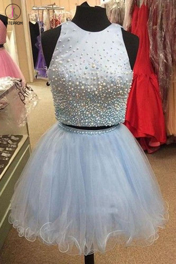 Light Blue Two Piece Homecoming Dress with Beading, Cute Tulle Short Party Dress KPH0454