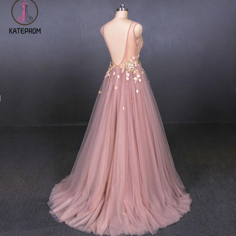 Pink V Neck Sleeveless Tulle Prom Dress with Appliques, A Line Tulle Evening Dress KPP1092