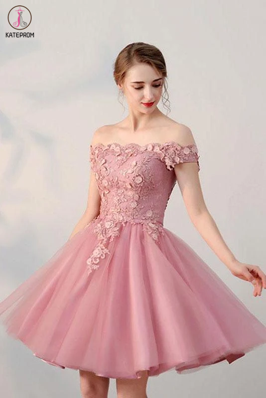 Pink Off the Shoulder Short Tulle Prom Dress, Cute Homecoming Dress with Appliques KPH0504
