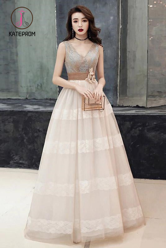 Unique V Neck Tulle Lace Long Prom Dress Tulle V Back Evening Dress with Train KPP1000