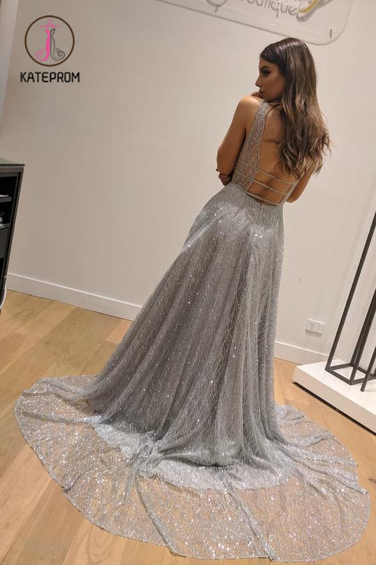 A-Line Sleeveless Silver Backless Fashion Custom Unique Design Long Prom Dresses KPP1048