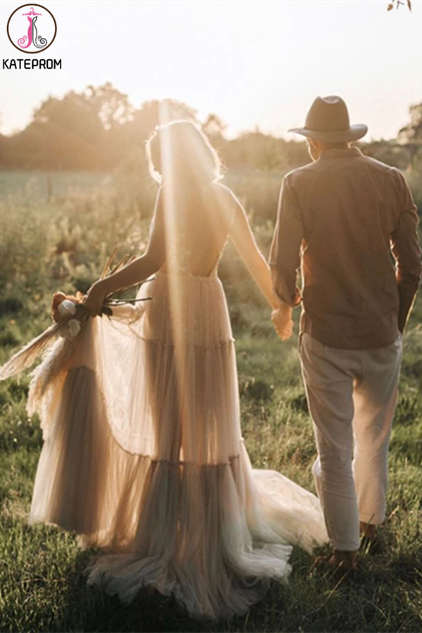 Attractive V neck Appliques A Line Rustic Backless Wedding Dress KPW0628