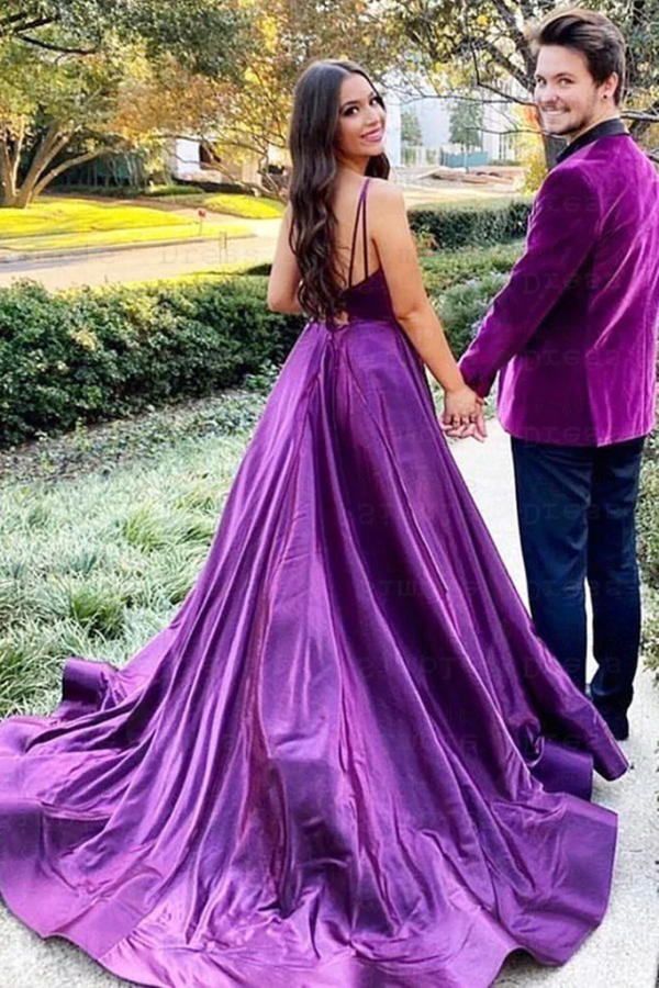 V Neck Backless Purple Satin Long Prom Dress with High Slit KPP1644