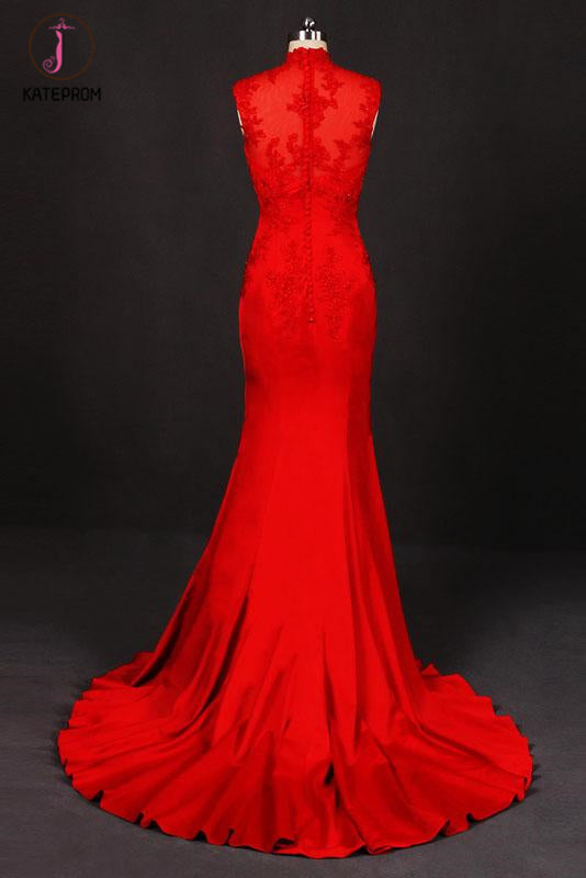 Red Sleeveless High Neck Sleeveless Satin Evening Dress Appliques Prom Dresses KPP1086