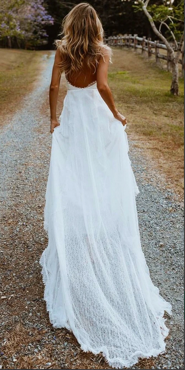 Boho Chiffon A line V neck Lace Spaghetti Straps Beach Wedding Dresses KPW0668