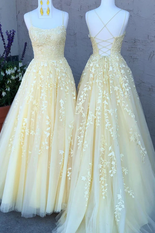 A Line Tulle Yellow Spaghetti Straps Prom Dresses with Appliques, Party Dress KPP1376