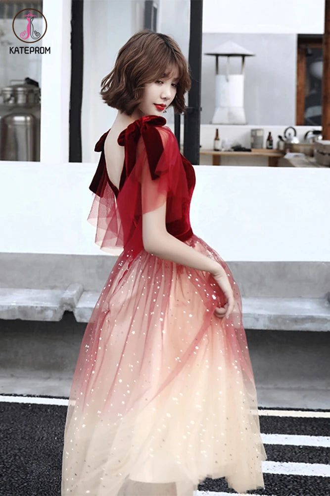 Red V Neck Short Sleeves Tulle Sparkly Prom Dress, Homecoming Dresses KPP1291
