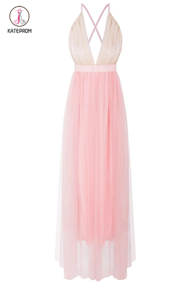 Spaghetti Strap V Neck Tulle Prom Dress with Sequins, Floor Length Backless Party Dress KPP0685