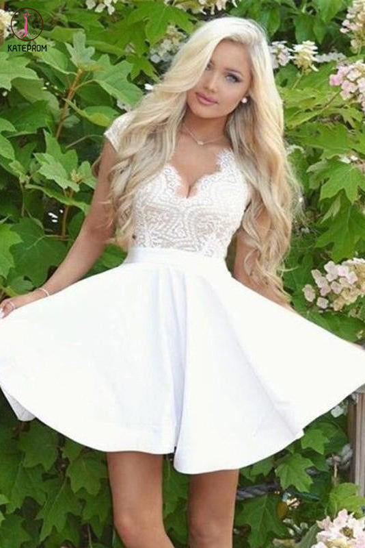 White Cap Sleeves Mini Homecoming Dresses, Open Back Graduation Dress with Lace KPH0517