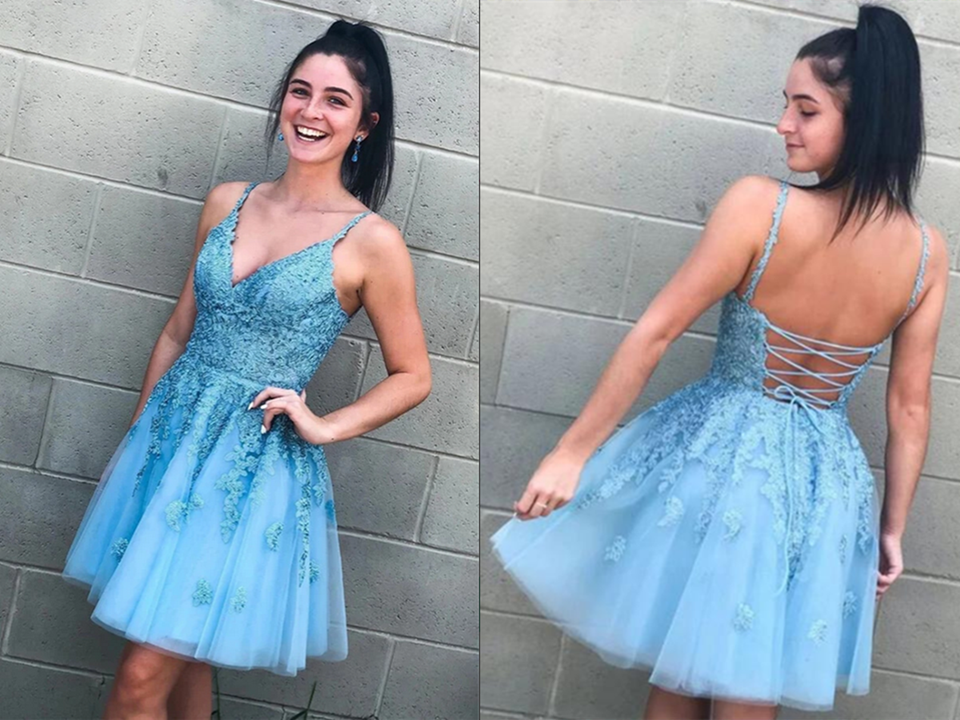 Light Blue Lace A Line V Neck Homecoming Dresses, Graduation Dress KPH0589