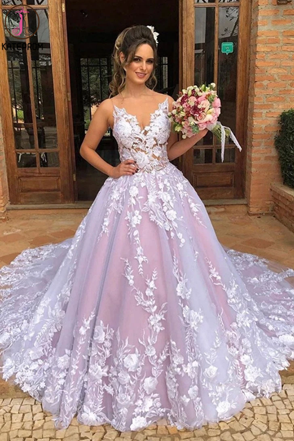 A-line Sleeveless V Neck Tulle Appliques Pink Long Prom Wedding Gown KPW0627
