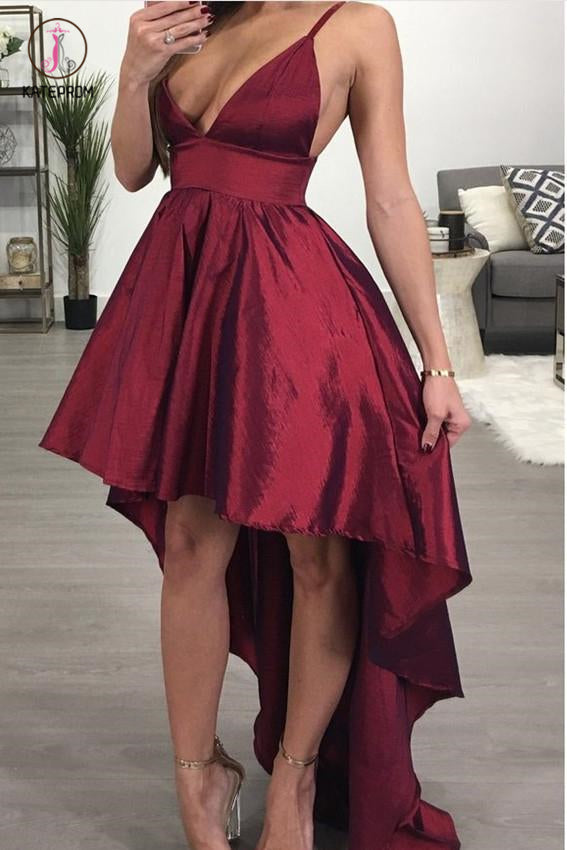 Burgundy High Low Spaghetti Strap V Neck Sleeveless Prom Dress, Party Dresses KPP0672