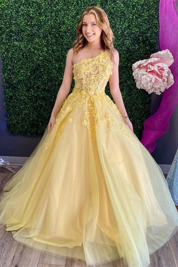 Chic A Line One Shoulder Yellow Tulle Sleeveless Prom Dress Applique Long Evening Dress KPP1519