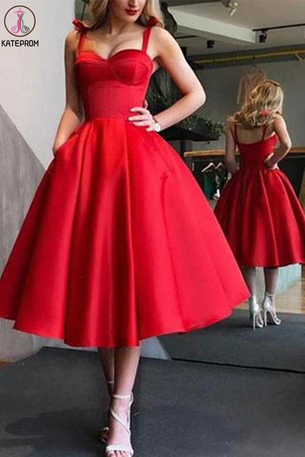 A-Line Red Spaghetti Straps Tea-Length Satin Prom Homecoming Dresses with Pocket KPH0541