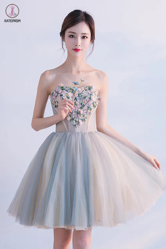 Cute Sweetheart Homecoming Dress with Flowers, Short Strapless Prom Dresses KPH0507