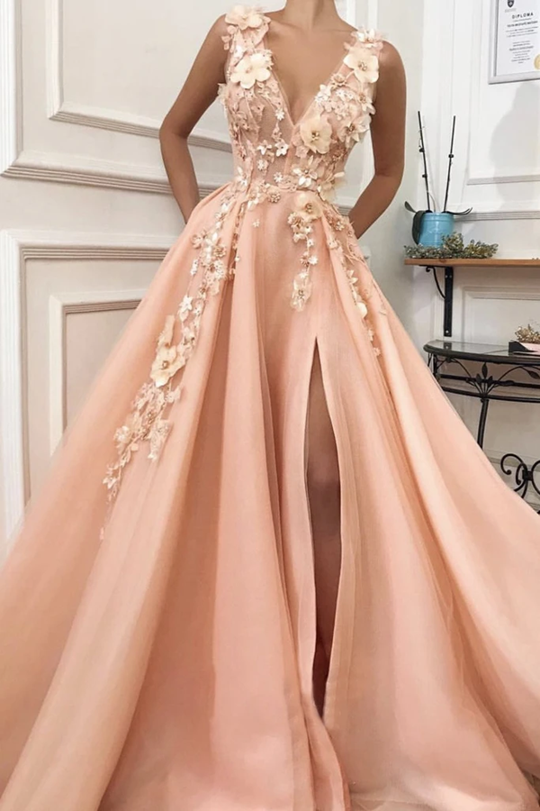 Septing - septing A line Pink V Neck Prom Dresses with Slit Lace Appliques Prom Gowns KPP1453