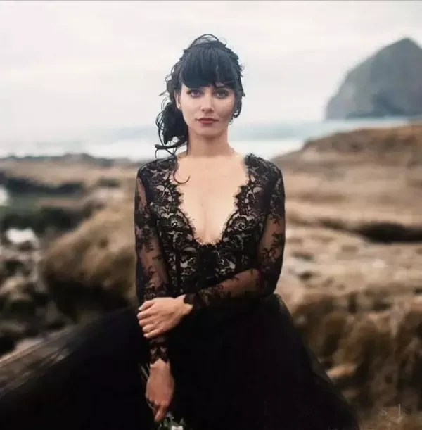 Chic V neck Black Wedding Dress Lace Open Back Long Sleeve Wedding Dresses Bridal Gowns KPW0700